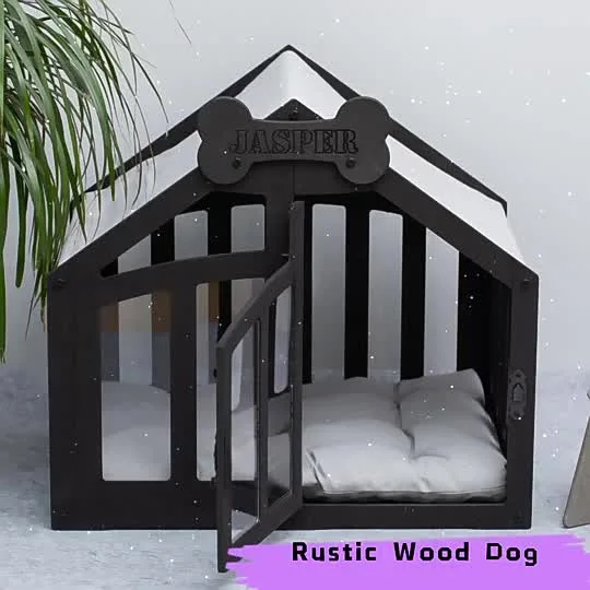 窓付きの木製屋内猫ペットハウス。 犬猫ベッド、モダンな家具、犬小屋の木枠